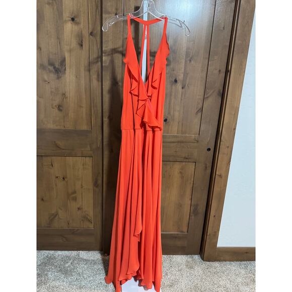 Haute Hippie Silk Maxi Dress, M, ruffles, hi-low, Orange, spaghetti Strap - Picture 1 of 6